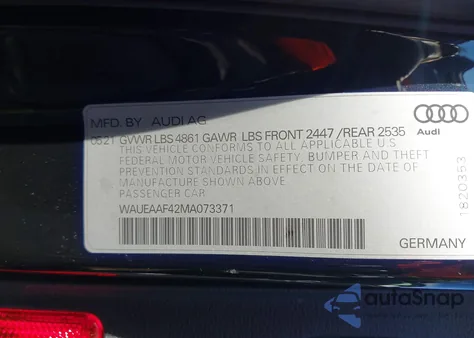 2021 Audi A4 Premium Plus 45 Tfsi S Line Quattro S Tronic from USA, damaged, VIN WAUEAAF42MA073371
